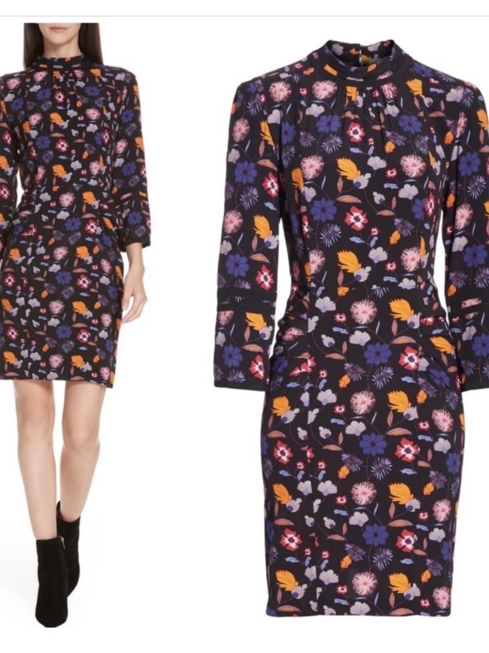 ba&sh Black Floral Mock-Neck Long-Sleeve Sheath Dress